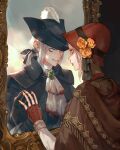  2girls ascot bangs black_headwear black_ribbon blood blood_on_clothes bloodborne bonnet brown_gloves cloak doll_joints fingerless_gloves flower gloves grey_eyes hair_ribbon hat hat_feather hat_flower highres jiro_(ninetysix) joints lady_maria_of_the_astral_clocktower long_hair long_sleeves looking_at_another low_ponytail mirror multiple_girls orange_flower plain_doll ponytail red_gloves red_headwear ribbon rose short_hair teeth tricorne 