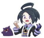  &gt;_&lt; 1boy ahoge allister_(pokemon) black_hair bright_pupils chiimako collared_shirt commentary_request eyebrows_visible_through_hair frown gengar gloves hands_up long_sleeves male_focus mole mole_under_mouth open_mouth pokemon pokemon_(creature) pokemon_(game) pokemon_swsh raised_eyebrows shirt short_hair simple_background single_glove suspenders teeth tongue upper_body violet_eyes white_background white_pupils 