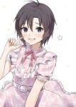  1girl :d antenna_hair bangs belt belt_buckle black_eyes black_hair blush bow buckle commentary dress dress_bow finger_to_face frilled_dress frills hair_between_eyes idolmaster idolmaster_(classic) kikuchi_makoto looking_at_viewer mogskg open_mouth pink_bow pink_dress plaid plaid_dress pointing pointing_at_self puffy_short_sleeves puffy_sleeves raised_eyebrows short_hair short_sleeves smile solo sparkle star_(symbol) upper_body white_background 