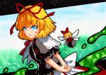  blonde_hair blue_eyes bow bubble_skirt frilled_shirt frilled_sleeves frills medicine_melancholy puffy_short_sleeves puffy_sleeves qqqrinkappp red_bow red_neckwear red_ribbon ribbon shirt short_hair short_sleeves skirt touhou traditional_media wavy_hair 