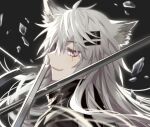  1girl :d animal_ears arknights bangs black_coat coat dual_wielding fangs hair_between_eyes hair_ornament hairpin highres holding holding_sword holding_weapon idass_(idass16) lappland_(arknights) long_hair looking_at_viewer looking_to_the_side open_mouth scar scar_across_eye shards smile solo sword teeth weapon white_hair wolf_ears wolf_girl 