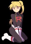  1girl bangs belt black_background blonde_hair boots brown_eyes closed_mouth commentary_request full_body gloves grey_belt hair_between_eyes highres jacket long_hair pants pokemon pokemon_adventures ponytail simple_background solo team_rocket team_rocket_uniform tied_hair white_footwear white_gloves yellow_(pokemon) yui_ko 