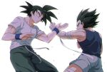  2boys bandaged_arm bandages black_eyes black_hair blue_shirt dragon_ball green_pants grey_shorts male_focus multiple_boys pants shirt shorts simple_background sleeveless sleeveless_shirt sm318 son_goku sparring spiky_hair sweat training vegeta white_background white_shirt wristband 