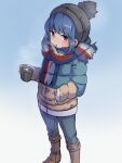  1girl :o bangs beanie black_headwear blue_hair blue_jacket blue_pants boots brown_footwear commentary_request cup denim eyebrows_visible_through_hair fringe_trim hand_in_pocket hat highres holding holding_cup jacket jeans knee_boots kuro_kosyou long_sleeves pants parted_lips scarf shima_rin short_eyebrows solo standing steam thick_eyebrows violet_eyes yurucamp 