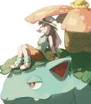  1girl arm_support bag brown_eyes brown_hair closed_mouth from_side green_legwear green_shirt hat highres leaf_(pokemon) long_hair loose_socks orange_skirt pokemon pokemon_(creature) pokemon_(game) pokemon_frlg shirt shoes shoulder_bag sitting skirt sleeveless sleeveless_shirt torinoko_(miiko_draw) venusaur vs_seeker white_background white_footwear white_headwear wristband yellow_bag 