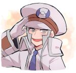  1boy blue_neckwear blush chiimako coat collared_shirt commentary_request emmet_(pokemon) gloves grey_eyes grey_hair hand_up hat long_sleeves male_focus necktie open_clothes open_coat open_mouth pokemon pokemon_(game) pokemon_bw salute shirt short_hair sideburns smile solo tongue upper_body white_coat white_headwear white_shirt 