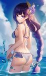  1girl absurdres bangs bikini braid breasts closed_mouth clouds cloudy_sky commentary_request day eyebrows_visible_through_hair from_behind genshin_impact highres long_hair looking_at_viewer looking_back maio05321 medium_breasts outdoors partially_submerged purple_hair raiden_shogun sky solo swimsuit violet_eyes water 
