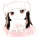 1girl beanie black_hair blush closed_mouth coat commentary_request eyelashes hair_ornament hairclip hands_up hat holding holding_poke_ball jewelry long_hair long_sleeves looking_at_viewer pink_eyes platinum_berlitz poke_ball poke_ball_(basic) pokemon pokemon_adventures ring scarf sleeves_past_wrists smile solo upper_body yui_ko 