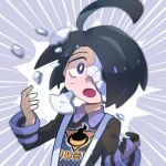  1boy :o ahoge allister_(pokemon) black_hair blurry bright_pupils chiimako collared_shirt commentary_request crack cracked_mask emphasis_lines gloves hands_up long_sleeves looking_at_viewer male_focus mask mole mole_under_mouth open_mouth pokemon pokemon_(game) pokemon_swsh shirt short_hair single_glove solo suspenders tongue upper_body violet_eyes white_pupils 
