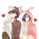  :/ :d animal_ears animal_hood bangs bear_ears bear_hood black_eyes blue_hair blush bow brown_hair brown_shirt bunny_hood cosplay danganronpa:_trigger_happy_havoc danganronpa_(series) danganronpa_2:_goodbye_despair ear_bow fake_animal_ears grey_background heart hood hood_up jacket knees_up monokuma monokuma_(cosplay) monomi_(danganronpa) monomi_(danganronpa)_(cosplay) open_clothes open_jacket open_mouth pink_bow rabbit_ears shirt simple_background sitting smile teeth tokyo_ghoul tokyo_ghoul:re toukaairab upper_teeth white_eyepatch 