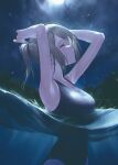  1girl absurdres armpits arms_up bangs blurry blurry_background closed_eyes from_side highres medium_hair night night_sky original outdoors parted_lips partially_submerged school_swimsuit short_ponytail sidelocks sky solo swimsuit takubon upper_body water 