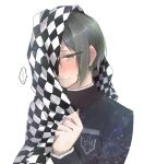  ... 1boy bangs black_scarf blush brown_eyes checkered checkered_scarf danganronpa_(series) danganronpa_v3:_killing_harmony embarrassed holding holding_clothes holding_scarf jacket long_sleeves looking_down one_eye_covered saihara_shuuichi scarf shiny shiny_hair simple_background solo spoken_ellipsis striped striped_jacket sumika_(rrz03) sweatdrop upper_body white_background white_scarf 