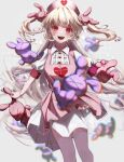  1girl apron bandaged_wrist bandages bangs blonde_hair blunt_bangs blurry blurry_background blush breasts collared_dress commentary dress eyebrows_visible_through_hair fangs feet_out_of_frame floating_hair frilled_dress frills grey_background hat heart heart_print highres kaburaya_(kabura_8) long_hair looking_at_viewer medium_breasts natori_sana nurse_cap open_mouth outstretched_arms pink_apron pink_headwear pleated_dress red_eyes sana_channel simple_background smile solo stuffed_animal stuffed_toy teeth two_side_up virtual_youtuber white_dress wing_collar 