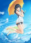  1girl :d amano_hina_(tenki_no_ko) arms_up bare_shoulders barefoot blue_eyes blue_sky boots clouds eyebrows_visible_through_hair feet hair_between_eyes highres holding holding_umbrella jumping knees_together_feet_apart micro_shorts open_mouth pocket shoes shoes_removed shorts sky smile solo teeth tenki_no_ko tied_hair toes twintails umbrella upper_teeth vest vvy water water_drop white_vest yellow_umbrella zipper 