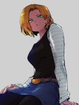  1girl :o android_18 belt black_pants black_shirt blonde_hair blue_eyes blue_shorts brown_belt dragon_ball dragon_ball_z earrings grey_background jewelry kemachiku long_sleeves looking_at_viewer pants shirt short_hair shorts simple_background sitting solo striped_sleeves 