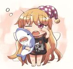  1girl bare_shoulders blonde_hair chibi clothes_writing clownpiece cosplay hecatia_lapislazuli hecatia_lapislazuli_(cosplay) long_hair off_shoulder open_mouth rokugou_daisuke shirt solo standing stuffed_animal stuffed_toy t-shirt touhou toy 