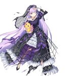  1girl arm_up bangs black_dress black_footwear dress eyebrows_visible_through_hair fire_emblem fire_emblem:_the_binding_blade fire_emblem_heroes frills full_body highres holding jewelry long_dress long_hair long_sleeves looking_away necklace official_art one_eye_closed purple_hair see-through shiny shiny_hair solo sophia_(fire_emblem) stuffed_toy torn_clothes torn_dress transparent_background urata_asao veil violet_eyes wrist_cuffs 