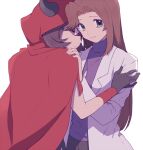  2girls bangs brown_eyes brown_hair cape character_request closed_mouth commentary_request courtney_(pokemon) eyelashes fake_horns gloves green_eyes hand_on_another&#039;s_shoulder hand_up hood hood_up hooded_cape horns jewelry labcoat long_hair looking_at_viewer multiple_girls necklace pants pokemon pokemon_adventures purple_shirt red_cape shirt short_hair team_magma_uniform yui_ko 