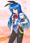  1girl animal_ears black_legwear blue_hair blue_leotard bow breasts chain contrapposto covered_navel cowboy_shot gradient_leotard hand_on_hip hinanawi_tenshi holding holding_weapon leg_belt leotard long_hair looking_at_viewer mail_(mail_gell) neck_ribbon pantyhose playboy_bunny puffy_short_sleeves puffy_sleeves rabbit_ears rabbit_tail red_bow red_eyes ribbon shirt short_sleeves small_breasts solo standing sword sword_of_hisou tail touhou weapon white_shirt wrist_cuffs 