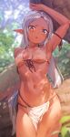  1girl arm_up armpits bangs bare_shoulders bikini blush breasts collarbone cowboy_shot dark-skinned_female dark_elf dark_skin elf forehead front-tie_bikini front-tie_top halter_top halterneck highres kinta_(distortion) loincloth long_hair looking_at_viewer navel open_mouth original parted_bangs pelvic_curtain pointy_ears ponytail sidelocks small_breasts solo stomach swimsuit thighs very_long_hair wet white_bikini white_hair yellow_eyes 