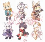  6+girls ahoge animal_ear_fluff animal_ears arknights armband bikini bird bird_on_hand black_footwear black_hair black_legwear black_neckwear black_scarf black_shirt black_shorts blonde_hair blue_eyes blush boots cake cake_slice chibi chinese_commentary cliffheart_(arknights) collared_shirt commentary_request crossed_legs dog_ears dog_girl dog_tail dress_shirt eyebrows_visible_through_hair flower food fox_ears fox_girl fox_tail full_body fur-trimmed_boots fur_trim green_eyes green_jacket hair_ornament hairclip hat highres holding holding_flower horse_ears horse_girl horse_tail jacket kitsune kyuubi lappland_(arknights) lappland_(refined_horrormare)_(arknights) laurel_crown leopard_ears leopard_girl leopard_tail looking_at_animal looking_at_viewer multicolored_hair multiple_girls multiple_tails necktie official_alternate_costume open_clothes open_jacket platinum_(arknights) platinum_(shimmering_dew)_(arknights) podenco_(arknights) ponytail purple_jacket red_eyes red_legwear redhead sandals scarf shirt shoes shorts simple_background single_thighhigh sitting sleeveless sleeveless_jacket socks squiggle standing straight-on streaked_hair striped striped_neckwear sunflower suzuran_(arknights) suzuran_(lostlands_flowering)_(arknights) swimsuit tail texas_(arknights) texas_(willpower)_(arknights) thigh-highs thought_bubble torn_clothes torn_jacket torn_legwear white_background white_bikini white_hair white_headwear white_jacket wolf_ears wolf_girl wolf_tail yellow_eyes yellow_flower yellow_footwear yellow_wristband zhizhangsiyin 