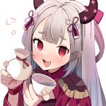  1girl :d @_@ absurdres bangs blush cape cup drunk epaulettes eyebrows_visible_through_hair grey_hair hands_up highres holding holding_cup horns long_hair looking_at_viewer naraka_(nijisanji) nijisanji open_mouth pointy_ears red_cape red_eyes short_eyebrows simple_background smile solo teeth thick_eyebrows upper_body upper_teeth very_long_hair virtual_youtuber white_background x-ray yuki_kamakura 