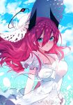  arms_behind_back blue_eyes blush breasts clouds dress frilled_dress frills hat highres large_breasts long_hair medium_breasts open_mouth original petals redhead ribbon sky very_long_hair w_(w64851564) white_dress 