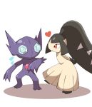  arms_behind_back closed_mouth commentary flying_sweatdrops heart highres leg_up mawile pokemon pokemon_(creature) red_eyes sableye shabana_may smile standing standing_on_one_leg white_background 