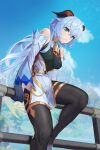  absurdres bangs bare_shoulders bell black_gloves blue_hair breasts chinese_knot clouds curled_horns detached_sleeves ganyu_(genshin_impact) genshin_impact gloves gold_trim guegue highres horns long_hair looking_at_viewer medium_breasts neck_bell scenery sitting sitting_on_fence sky thighlet very_long_hair white_sleeves 