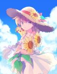  1girl absurdres bangs bare_shoulders blonde_hair bow closed_mouth clouds commentary_request day dress flower hair_bow hat hat_flower hat_ribbon highres holding holding_flower long_hair on_shoulder outdoors pikachu pokemon pokemon_(creature) pokemon_adventures pokemon_on_shoulder ponytail red_ribbon ribbon sky straw_hat white_dress yellow_(pokemon) yellow_flower yui_ko 