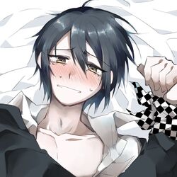  1boy ahoge bangs bed_sheet black_jacket black_scarf blush bound bound_wrists brown_eyes checkered checkered_scarf collarbone collared_shirt danganronpa_(series) danganronpa_v3:_killing_harmony eyebrows_visible_through_hair hair_between_eyes jacket long_sleeves looking_at_viewer lying male_focus neckwear_removed open_clothes open_jacket open_shirt saihara_shuuichi scarf shiny shiny_hair shirt solo sumika_(rrz03) tearing_up tears teeth upper_body white_scarf white_shirt 