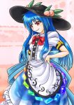  1girl black_headwear blue_hair blue_skirt commentary_request covered_navel cowboy_shot food fruit hand_on_hip hat hinanawi_tenshi holding holding_weapon keystone long_hair looking_at_viewer mail_(mail_gell) peach puffy_short_sleeves puffy_sleeves rainbow_order red_eyes shirt shoes short_sleeves skirt solo standing sword sword_of_hisou touhou weapon white_shirt 