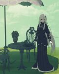  1girl bangs black_dress butterfly_hair_ornament chair closed_mouth clouds commentary_request cup day dress echidna_(re:zero) grass hair_ornament highres iwamushi long_hair long_sleeves looking_at_viewer outdoors re:zero_kara_hajimeru_isekai_seikatsu saucer shadow sidelocks sky smile solo standing table tray umbrella 