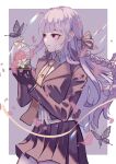  1girl absurdres bangs braid bug butterfly collared_shirt commentary_request cowboy_shot danganronpa:_trigger_happy_havoc danganronpa_(series) eyebrows_visible_through_hair flower gloves hair_ribbon hands_up highres holding jacket kirigiri_kyouko long_hair necktie open_clothes open_jacket open_mouth petals pink_background pink_flower pleated_skirt purple_hair ribbon shiny shiny_hair shirt skirt smile solo violet_eyes white_background wny 