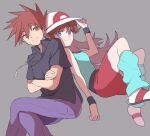  1boy 1girl bangs blue_oak brown_hair closed_mouth collared_shirt commentary_request crossed_arms green_(pokemon) green_eyes green_legwear green_shirt grey_background grey_eyes hand_on_headwear hand_up hat highres jewelry leg_warmers long_hair necklace pants pokemon pokemon_adventures purple_pants red_skirt shirt shoes short_hair short_sleeves simple_background skirt sleeveless sleeveless_shirt smile spiky_hair white_footwear white_headwear wristband yui_ko 