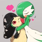  2girls arms_at_sides bangs black_hair black_skin blunt_bangs blush carrying cheek_squash closed_eyes closed_mouth colored_skin commentary enden_(pixiv_57969220) flat_chest gardevoir green_hair green_skin grey_background hair_over_one_eye hand_on_another&#039;s_cheek hand_on_another&#039;s_face happy heart highres hug long_hair mawile motion_lines multicolored multicolored_skin multiple_girls open_mouth pokemon pokemon_(creature) red_eyes sharp_teeth shiny shiny_hair shiny_skin short_hair smile standing sweat teeth two-tone_skin very_long_hair white_skin yellow_skin yuri 