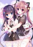  2girls :d absurdres animal_ears black_dress black_hair blue_eyes bow brown_bow brown_hair cat_ears cat_girl cat_tail collared_shirt commentary_request cover cover_page dress fang frilled_dress frills hair_bow highres hug hug_from_behind multiple_girls open_mouth original puffy_short_sleeves puffy_sleeves see-through see-through_sleeves shirt shiwasu_horio short_sleeves smile star_(symbol) tail twintails violet_eyes white_shirt 