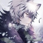  1boy absurdres animal_ears arknights bangs breath close-up feathers fur_coat highres idass_(idass16) open_mouth portrait profile short_hair silverash_(arknights) solo teeth white_eyes white_hair wolf_boy wolf_ears 