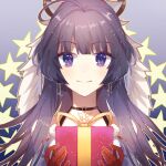  1girl bangs christmas close-up closed_mouth earrings gift gloves hair_between_eyes holding holding_gift honkai_(series) honkai_impact_3rd idass_(idass16) jewelry long_hair looking_at_viewer portrait purple_hair raiden_mei red_gloves smile solo star_(symbol) violet_eyes 