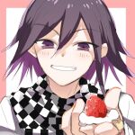  1boy bangs blush checkered checkered_neckwear checkered_scarf colored_inner_hair danganronpa_(series) danganronpa_v3:_killing_harmony eyebrows_visible_through_hair food food_on_finger fruit grey_jacket grin hair_between_eyes jacket looking_at_viewer male_focus multicolored_hair ouma_kokichi pink_background portrait purple_hair scarf shiny shiny_hair smile strawberry sumika_(rrz03) white_background 