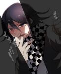  1boy :q bangs blush checkered checkered_neckwear checkered_scarf clenched_hand commentary_request danganronpa_(series) danganronpa_v3:_killing_harmony finger_to_mouth flipped_hair grey_jacket hair_between_eyes hands_up highres jacket male_focus ouma_kokichi scarf short_hair solo sumika_(rrz03) tongue tongue_out translation_request upper_body white_background 