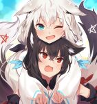  2girls ;d animal_ears bangs black_hair blue_eyes blush braid commentary_request dark_persona deany eyebrows_visible_through_hair fang fox_ears fox_girl fox_shadow_puppet fox_tail hair_between_eyes head_on_head head_rest highres hololive kurokami_fubuki long_hair long_sleeves looking_at_another looking_at_viewer multiple_girls one_eye_closed open_mouth red_eyes shirakami_fubuki skin_fang smile tail tail_raised virtual_youtuber white_hair 