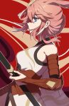  1girl animal_ears armor bangs bare_shoulders blue_eyes fox_ears gauntlets hair_ornament highres holding holding_sword holding_weapon honkai_(series) honkai_impact_3rd idass_(idass16) japanese_armor japanese_clothes katana looking_to_the_side pink_hair red_background sheath sheathed sleeveless solo sword weapon yae_sakura yae_sakura_(flame_sakitama) 