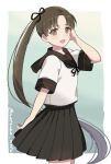 1girl ayanami_(kancolle) black_sailor_collar black_skirt brown_eyes brown_hair commentary_request cowboy_shot kantai_collection long_hair looking_at_viewer natsume_(natsume_melio) one-hour_drawing_challenge pleated_skirt remodel_(kantai_collection) sailor_collar school_uniform serafuku side_ponytail skirt smile solo standing twitter_username 