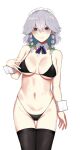  1girl ass_visible_through_thighs bangs bikini black_bikini blue_eyes blue_neckwear bow braid breasts detached_collar eyebrows_visible_through_hair green_bow grey_hair hair_between_eyes hair_bow highres ikeda_yamada izayoi_sakuya large_breasts maid_headdress navel neck_ribbon ribbon short_hair simple_background smile solo sweat sweatdrop swimsuit thigh-highs thong touhou twin_braids white_background wrist_cuffs 