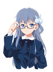  1girl 22/7 blue_bow blue_eyes blue_hair blue_jacket bow braid glasses hair_ornament highres jacket long_hair looking_at_viewer maruyama_akane pizza_man school_uniform shirt simple_background solo upper_body white_shirt 