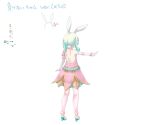  1girl absurdres animal_ears backless_dress backless_outfit concept_art dress fake_animal_ears from_behind full_body green_hair high_heels highres kneepits legs long_hair makenai-chan original outstretched_arm pink_dress rabbit_ears sharekoube shoes simple_background solo thighs white_background white_footwear wrist_cuffs 