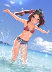  1girl bangs bikini blue_eyes blue_shorts blue_sky breasts brown_hair clouds commentary_request day diving_mask dutch_angle fate/grand_order fate_(series) forehead goggles grin highres horizon leonardo_da_vinci_(fate) long_hair looking_at_viewer mismatched_bikini mu-pyon ocean outdoors parted_bangs red_bikini short_shorts shorts sky small_breasts smile snorkel soaking_feet solo splashing swimsuit 