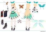  1girl accessories barefoot black_footwear black_gloves blonde_hair bow butterfly_hair_ornament character_sheet detached_sleeves elbow_gloves english_commentary fairy fairy_wings from_behind gloves green_bow green_ribbon green_skirt hair_bow hair_ornament hair_ribbon halter_top halterneck high-waist_skirt high_heels kujou_ichiso long_hair nijisanji nijisanji_en official_art pointy_ears pomu_rainpuff puffy_sleeves red_eyes ribbon shirt skirt sleeveless sleeveless_shirt smile thigh_strap white_shirt wings 