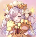  1girl animal_ears animal_hands bangs blush buttons commentary_request double-breasted dress fake_animal_ears fang flying_sweatdrops gradient gradient_background granblue_fantasy hair_ornament hair_over_one_eye hair_ribbon jack-o&#039;-lantern jack-o&#039;-lantern_hair_ornament long_hair looking_at_viewer necktie niyon_(granblue_fantasy) official_alternate_costume open_mouth orange_dress purple_hair red_eyes red_neckwear ribbon shiromimin solo star_(symbol) twintails upper_body 